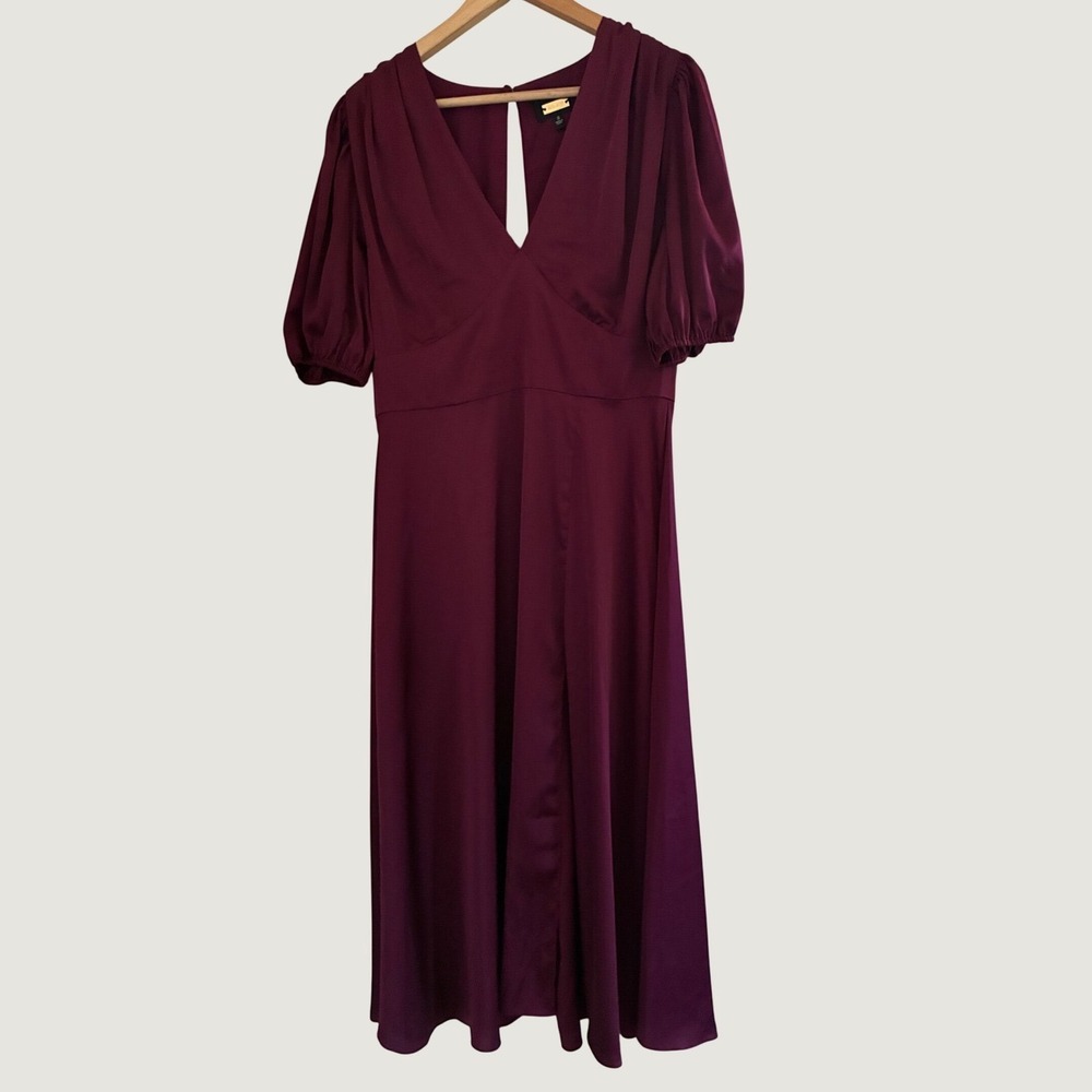 Alexia Admor Plum Purple Satin V-Neck Midi Dress Puff Sleeve Slit Size 8
